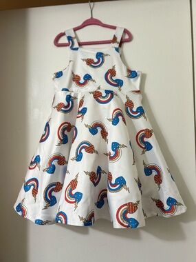 Lola + The Boys White Dress with Red & Blue Rainbow Lightning Print 4y